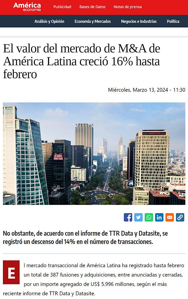 El valor del mercado de M&A de Amrica Latina creci 16% hasta febrero